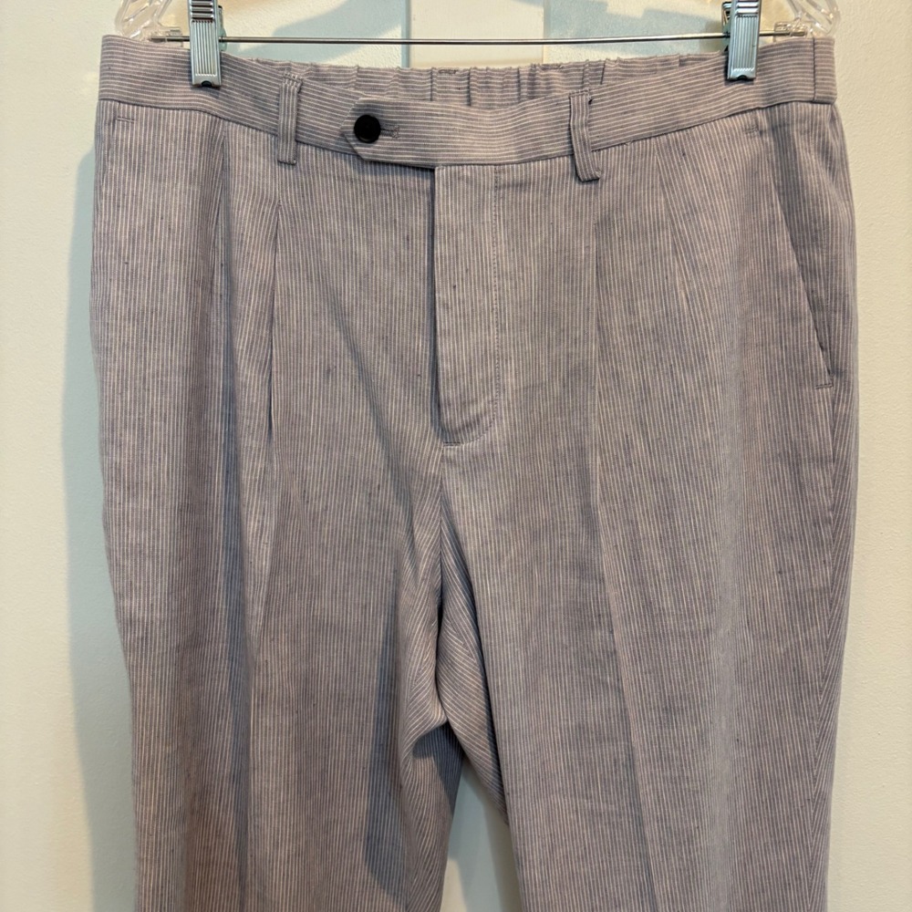Linen Blend Pants Men 34x28 Slim Fit Trousers Blue White Striped Pleated Tapered - Picture 4 of 15
